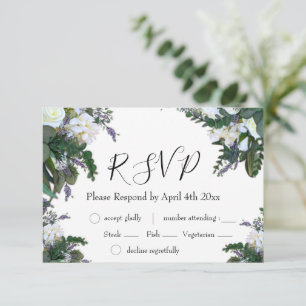 Elegante weiße Blumen-Lavendel-Grünpflanzen RSVP Karte