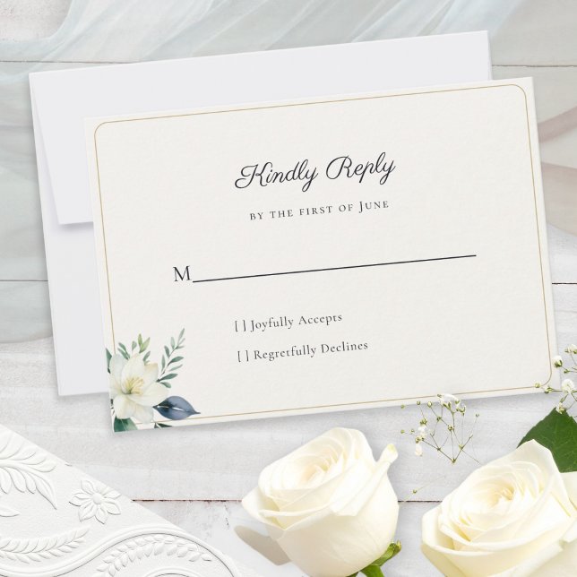 Elegante weiße Blumen QR-Code RSVP Karte (An elegant wedding reply card for guests, with floral motif and a customizable QR code on the back)
