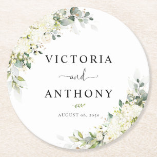 Elegante weiße Blumen Runde Hochzeitsuntersetzer Runder Pappuntersetzer