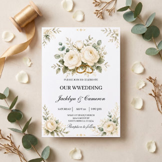 Elegante weiße Blumen- und Gold-Hochzeitsringe Einladung