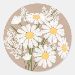 Elegante weiße Blumenmargueriten auf beigem Hochze Runder Aufkleber