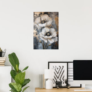 Elegante weiße Blumenwandkunst mit goldenen Akzent Poster