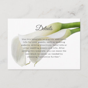 Elegante weiße Calla-Lilien Hochzeitsdetails Info Begleitkarte