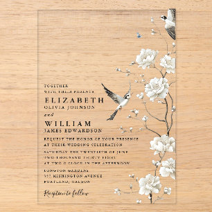 Elegante weiße Chinoiserie-Blumengarten-Hochzeit Acryleinladungen