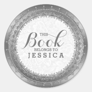 Elegante weiße Damaste u. silberner Spitze-Rahmen Runder Aufkleber