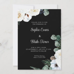 Elegante weiße Flora mit grüner Schwarzer Hochzeit Einladung