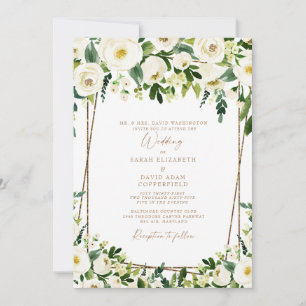 Elegante weiße Flora und Gold feierliche Hochzeit Einladung