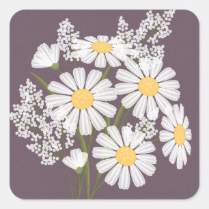 Elegante weiße Floral-Chrysanthemen auf Pflaumenho Quadratischer Aufkleber
