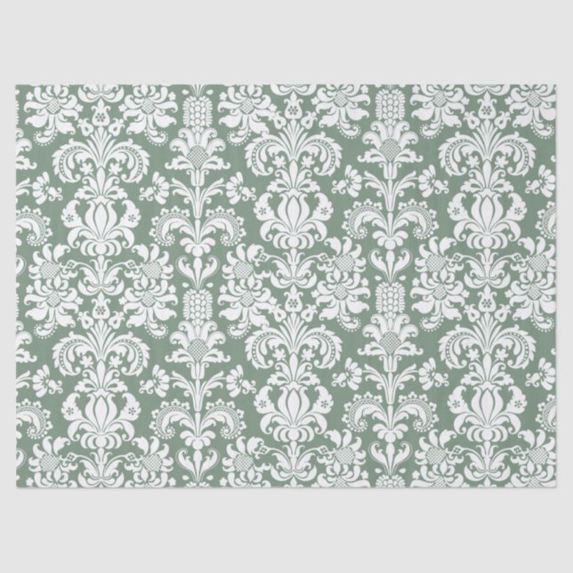 Elegante weiße Floral Damaskus über Sage Green Seidenpapier (Vorderseite)