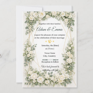 Elegante weiße florale goldene Hochzeitseinladung Einladung