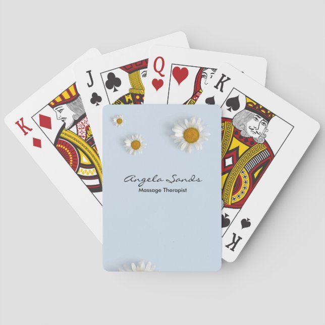 Elegante weiße Gänseblümchen blau Spielkarten (Rückseite)