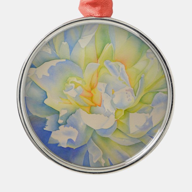 Elegante, weiße, gelbe Perle mit blühender Wasserf Ornament Aus Metall (Vorne)