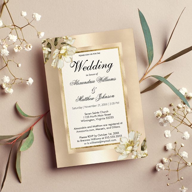 Elegante, weiße Glamour Champagner Gold Blütenhoch Einladung (Elegant white glam champagne gold floral Wedding)