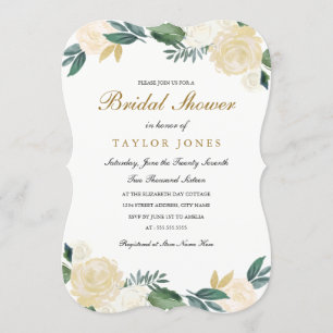 Elegante weiße Gold-Blumen-Brautparty Einladung