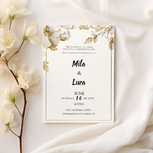 Elegante weiße Gold-Blumen-Typografie-Hochzeit Einladung