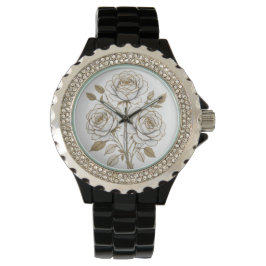 Elegante weiße & goldene florale Rosen-Uhr – Luxus Armbanduhr