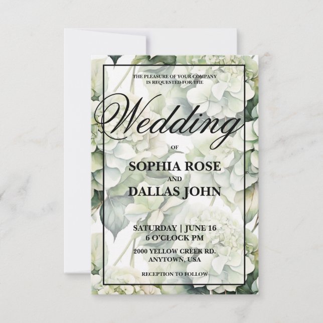 Elegante, weiße, grüne Hochzeit mit Blumen Einladung (Vorderseite)