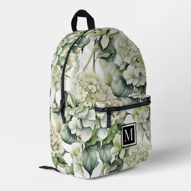 Elegante weiße, grüne Hydrangeas mit Blumen Bedruckter Rucksack (Rückseitige Ecke links)