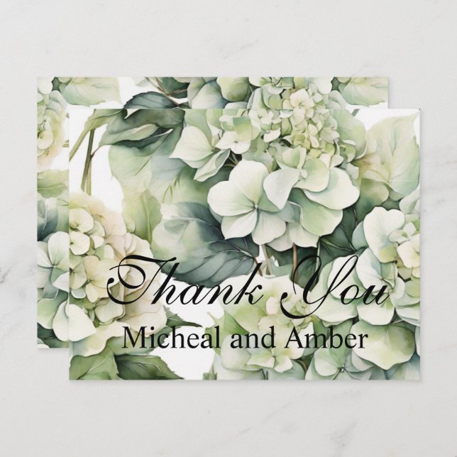 Elegante weiße, grüne Hydrangeas mit Blumen Dankeskarte (Vorne/Hinten)