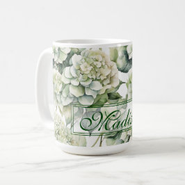 Elegante weiße, grüne Hydrangeas mit Blumen Kaffeetasse