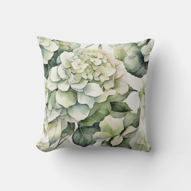 Elegante weiße, grüne Hydrangeas mit Blumen Kissen (Vorderseite)