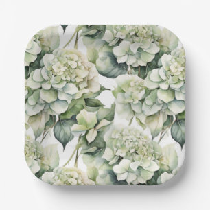 Elegante weiße, grüne Hydrangeas mit Blumen Pappteller