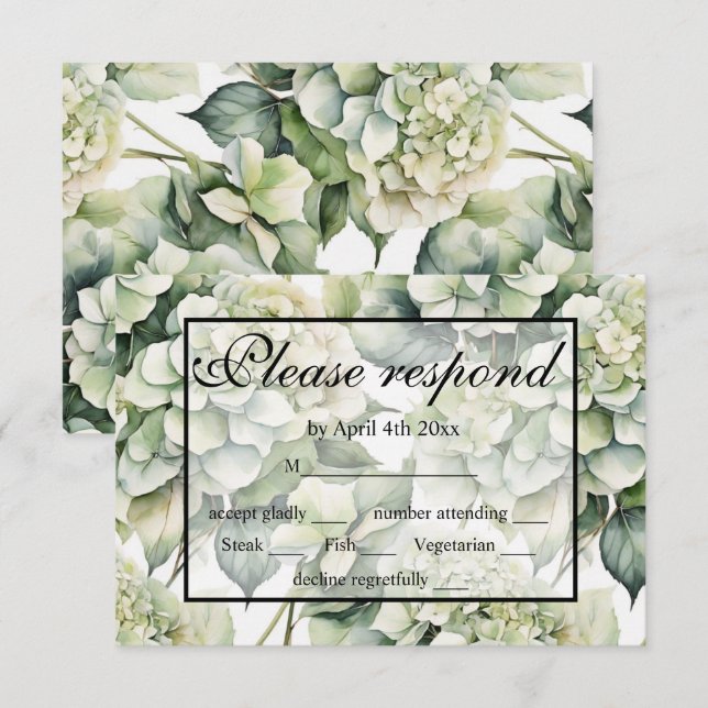 Elegante weiße, grüne Hydrangeas mit Blumen RSVP Karte (Vorne/Hinten)