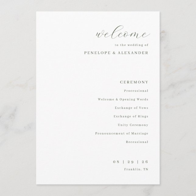 Elegante weiße Hochzeitszeremonie Programm (Vorderseite)