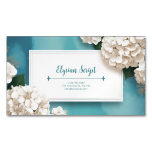 Elegante Weiße Hortensien Blumen Teal Wasserfarbe Magnetische Visitenkarte