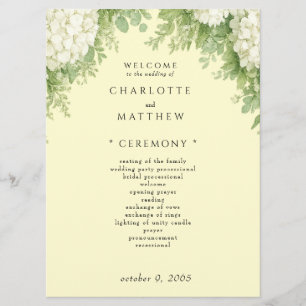 Elegante weiße Hortensien Gelbes Hochzeitsprogramm Programm
