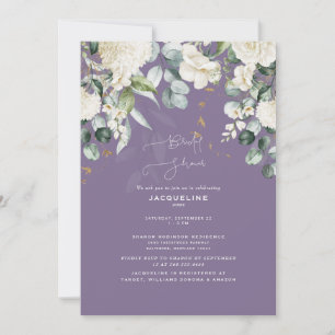 Elegante weiße Hortensien-Lavendel-Brautparty Einladung