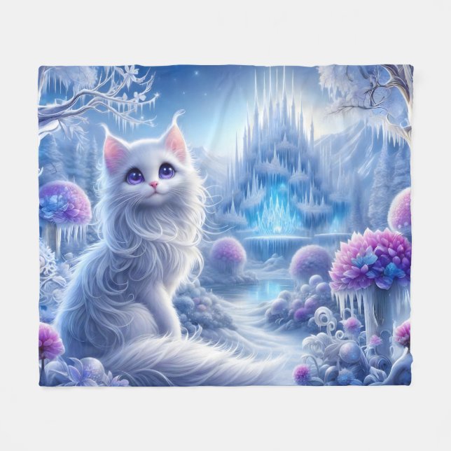 Elegante weiße Katze in einem zauberhaften Schneeg Fleecedecke (Vorderseite (Horizontal))