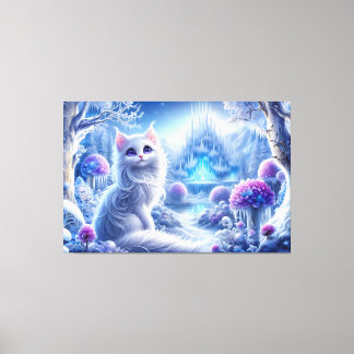 Elegante weiße Katze in einem zauberhaften Schneeg Leinwanddruck
