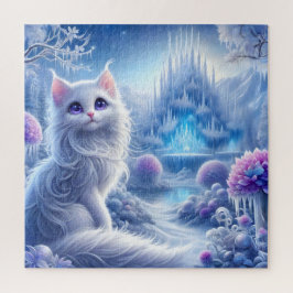 Elegante weiße Katze in einem zauberhaften Schneeg Puzzle
