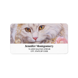 Elegante weiße Katze in Gold und Diamanten Adressaufkleber