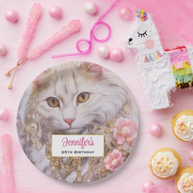 Elegante weiße Katze in Gold und Diamanten Geburts Pappteller (Party)