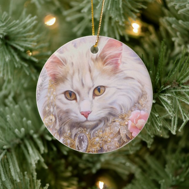 Elegante weiße Katze in Gold und Diamanten Keramik Ornament (Baum)