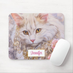 Elegante weiße Katze in Gold und Diamanten Mousepad