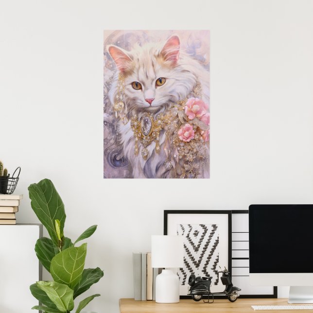 Elegante weiße Katze in Gold und Diamanten Poster (Heimbüro)