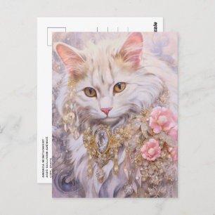 Elegante weiße Katze in Gold und Diamanten Postkarte