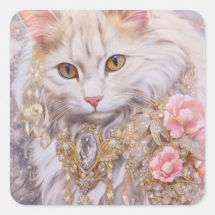Elegante weiße Katze in Gold und Diamanten Quadratischer Aufkleber
