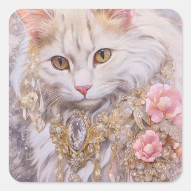 Elegante weiße Katze in Gold und Diamanten Quadratischer Aufkleber (Vorderseite)