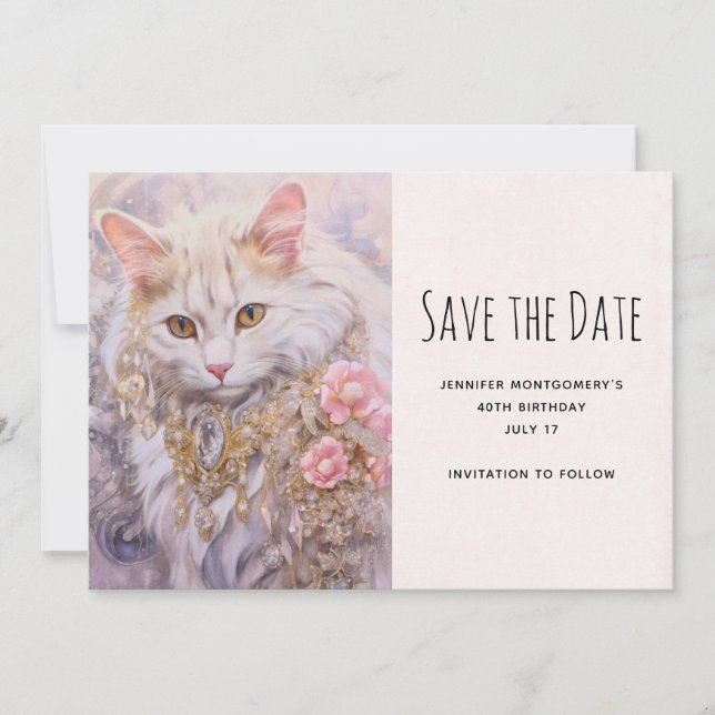 Elegante weiße Katze in Gold und Diamantschmuck Save The Date (Vorderseite)