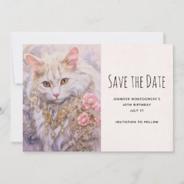 Elegante weiße Katze in Gold und Diamantschmuck Save The Date
