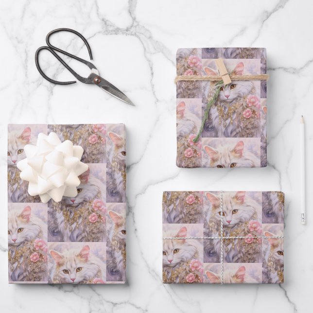 Elegante weiße Katze in Jewels Pattern Geschenkpapier Set (Vorderseite)