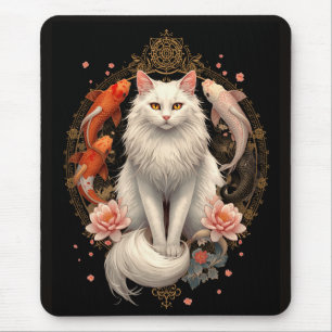 Elegante weiße Katze mit Koi-Fischen Mousepad