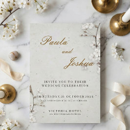 Elegante weiße Kirschblüten & Goldschrift Hochzeit Einladung