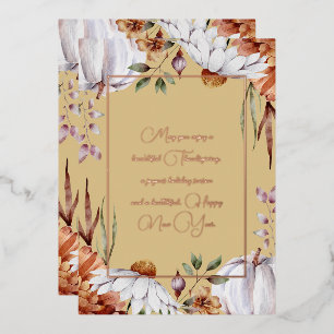 Elegante weiße Kürbisse und Blumen Rose Gold Schri Folien Feiertagskarte