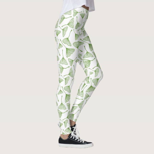 Elegante weiße Leggings mit grünem Ginkoblatt (Rechts)