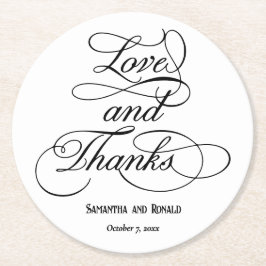Elegante weiße Liebe und Dank Hochzeit Runder Pappuntersetzer